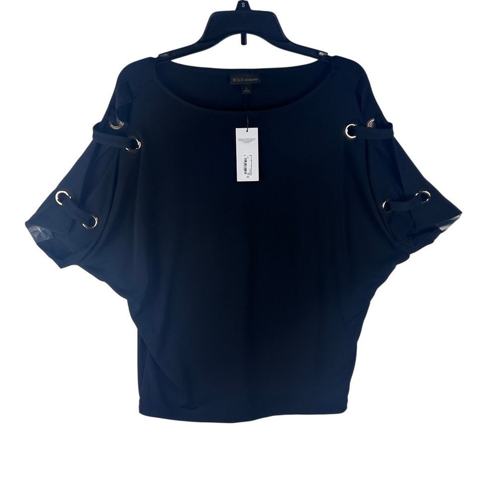 Bold Elements Womens Black‎ Cold Shoulder Batwing Top Grommet Detail Small NEW